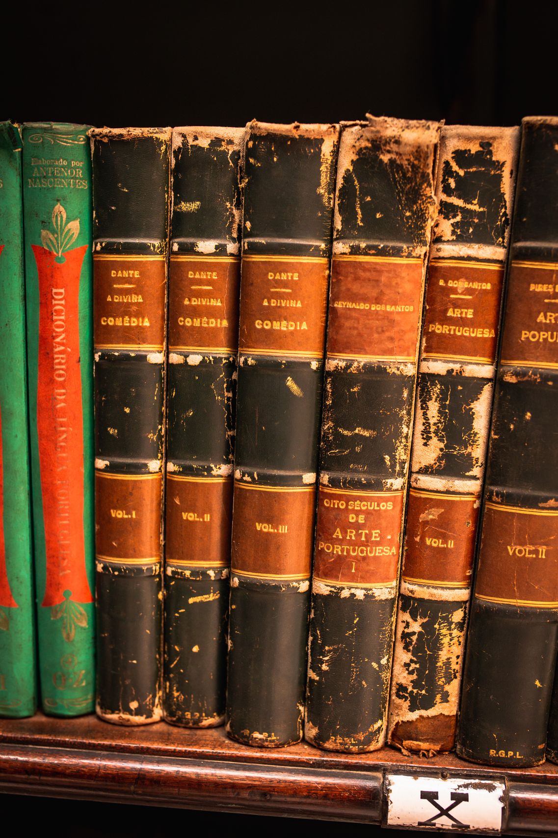 Three standing book spines