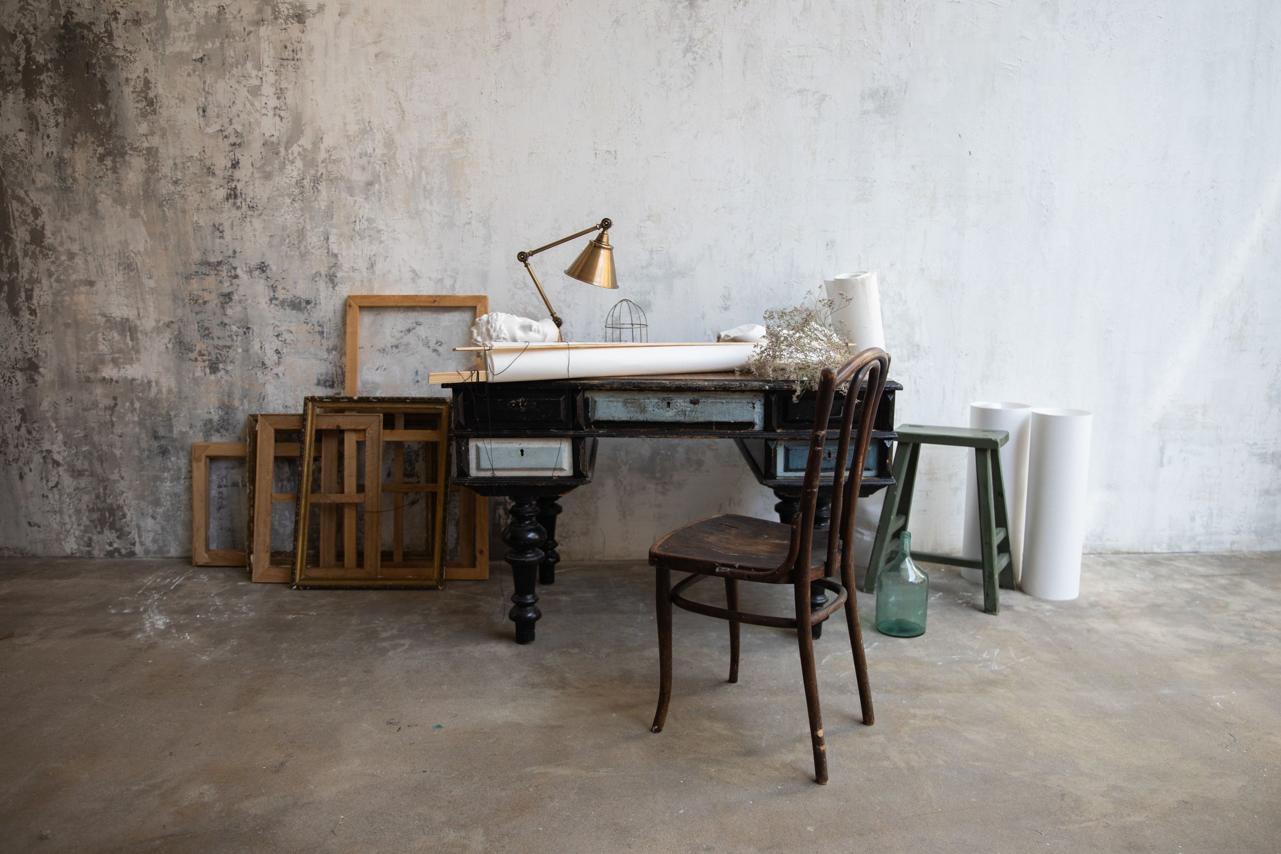 Wooden desk in studio interior